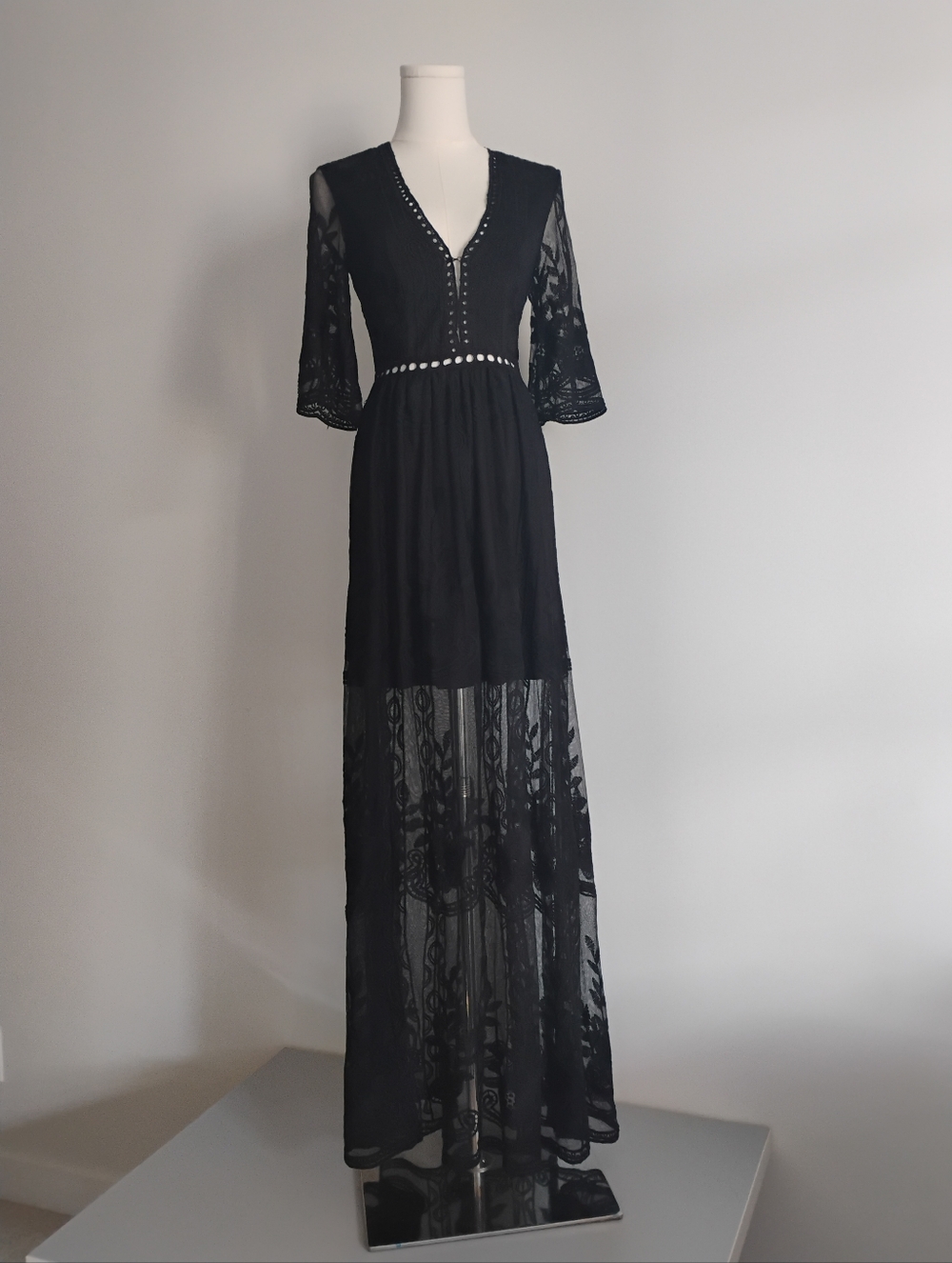 Black Lace Tiered Bell Sleeve V-Neck Long Dress